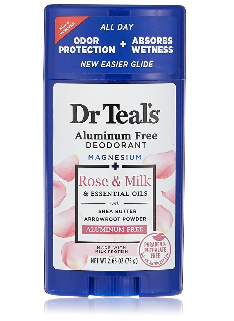 Dr. Teals Aluminium Free Deodorant Rose and Milk Essential Oil with Shea Butter Arrowroot Powder Milk Protein 75 g 