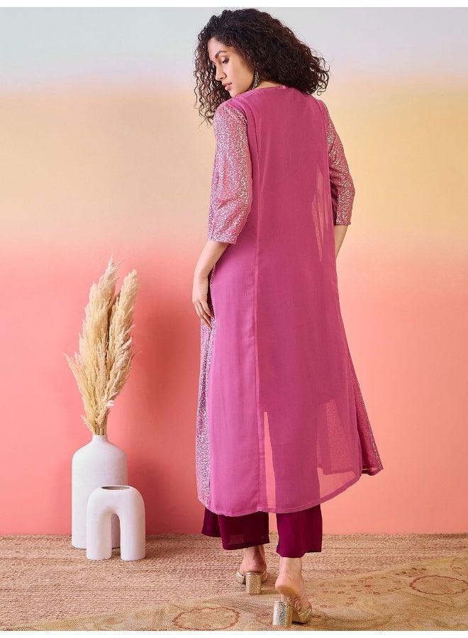 AKS Mauve And Wine Gold Printed Kurta Set With Jacket  - Image 3