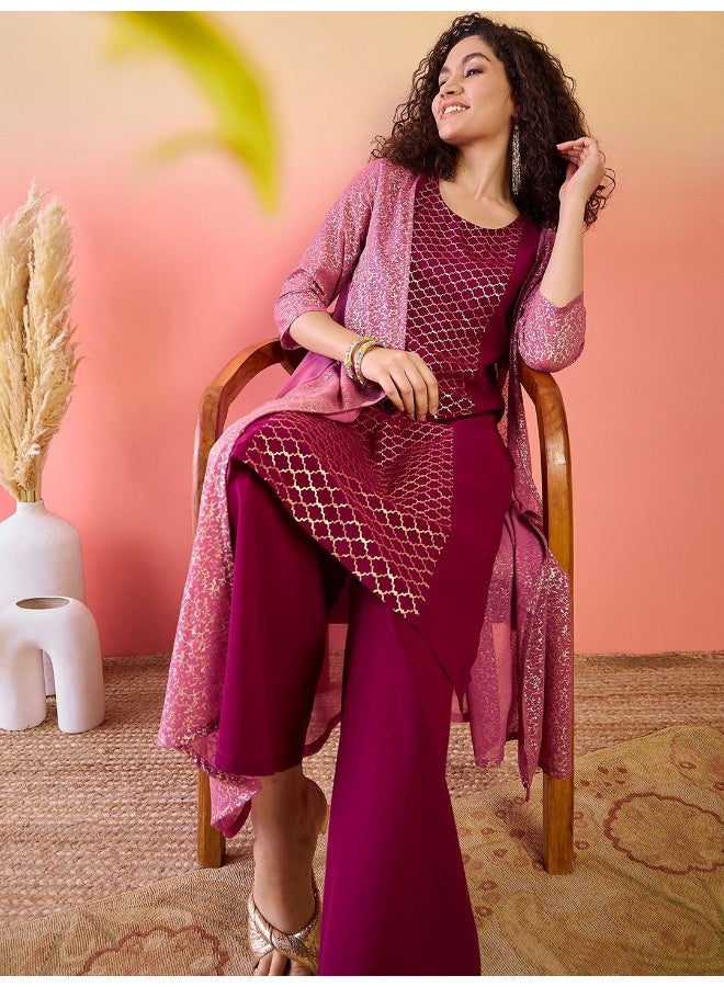AKS Mauve And Wine Gold Printed Kurta Set With Jacket  - Image 1