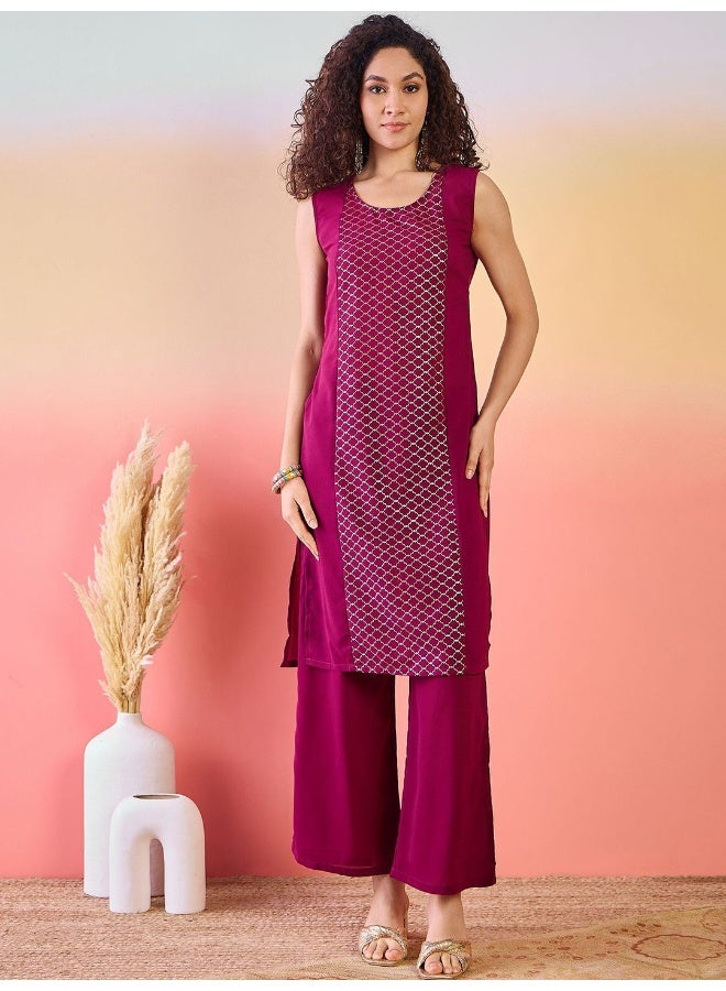 AKS Mauve And Wine Gold Printed Kurta Set With Jacket  - Image 4