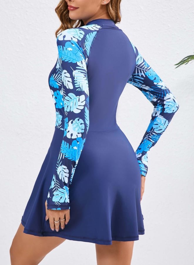 FAIRANCE Women Two Piece Rash Guard Sets UPF50+ Swim Dress with Shorts, Navy Leaf (2 Pcs), M - Image 2