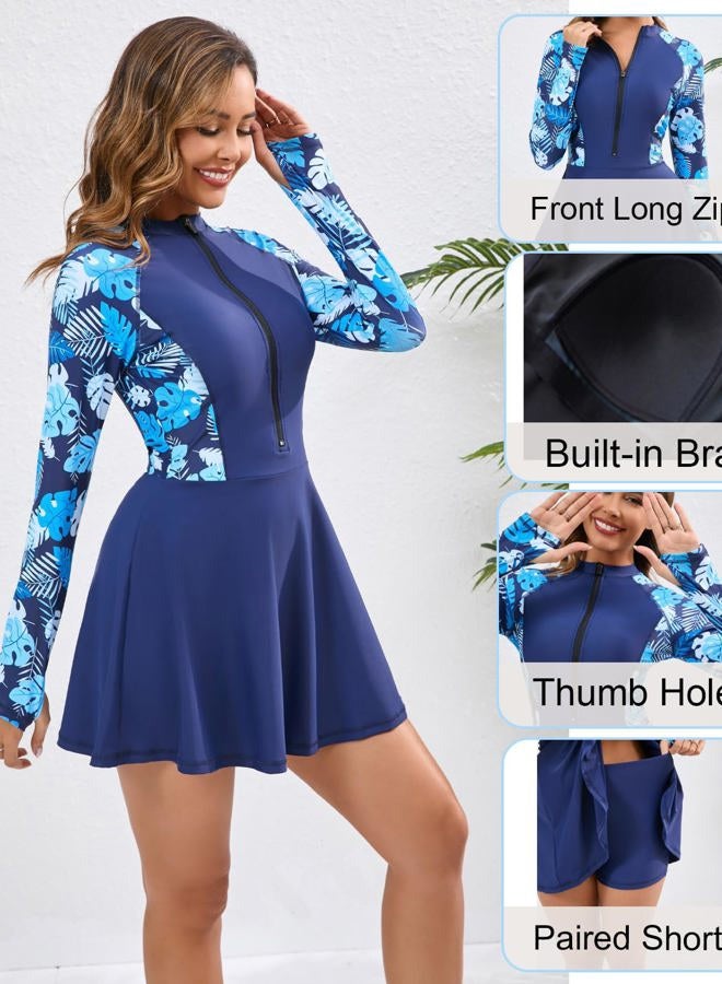 FAIRANCE Women Two Piece Rash Guard Sets UPF50+ Swim Dress with Shorts, Navy Leaf (2 Pcs), M - Image 4
