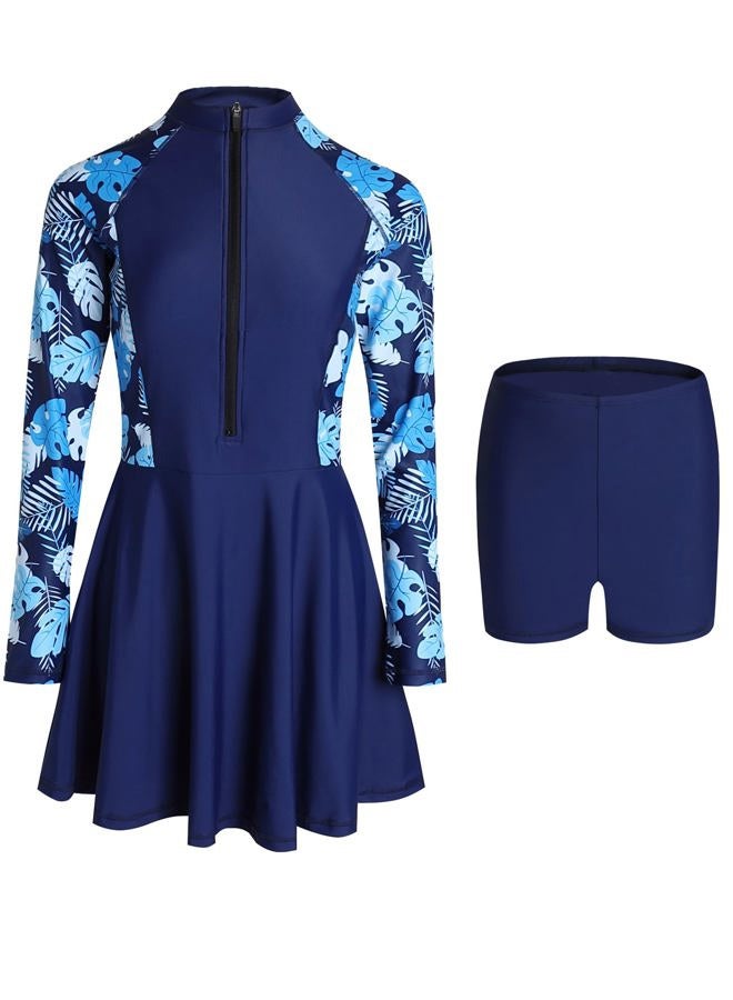 FAIRANCE Women Two Piece Rash Guard Sets UPF50+ Swim Dress with Shorts, Navy Leaf (2 Pcs), M - Image 1