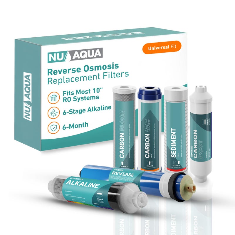 نظام فلتر مياه التناضح العكسي NU Aqua مجموعة استبدال 6 مراحل قلوية تحت الحوض تشمل غشاء فلاتر الرواسب الكربونية التركيبات خرطوشة تنقية RO عالمية تحت الحوض