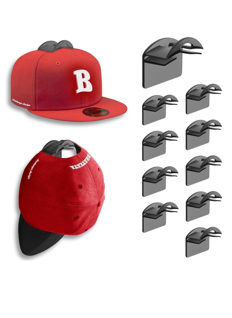 Excefore Adhesive Hat Hooks for Wall (10 Pack), 2 Different Ways Hat Racks to Organize & Display Baseball Caps, No Drilling Hat Wall Hanger, Hat Organizer Rack for Men, Translucent Black  - Image 1