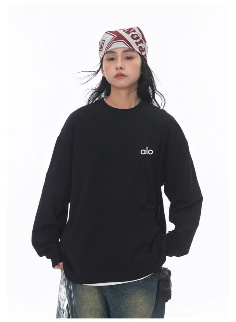 Alo World loose casual long sleeved round neck T-shirt - unisex couple's shirt 100% pure cotton 250G black sports shirt with logo, casual and fashionable Chinese street wear loose casual long sleeved round neck T-shirt - unisex couple's shirt 100% pure cotton 250G black sports shirt with logo, casual and fashionable Chinese street wear - Image 1