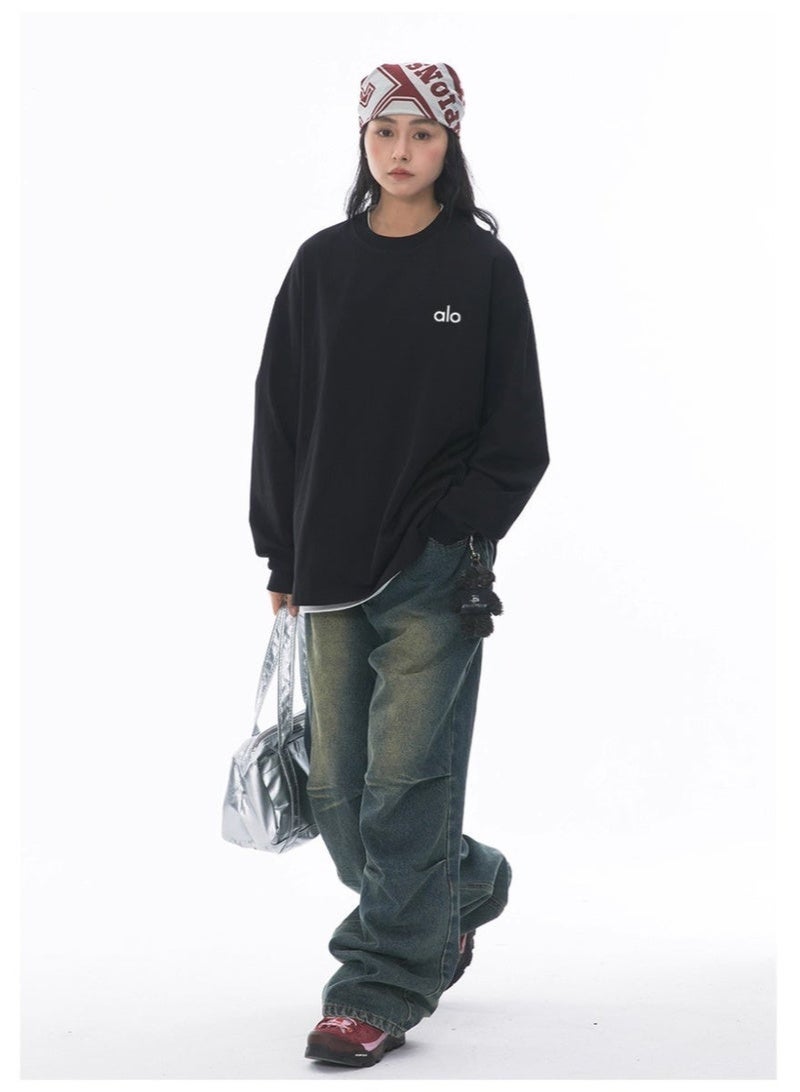 Alo World loose casual long sleeved round neck T-shirt - unisex couple's shirt 100% pure cotton 250G black sports shirt with logo, casual and fashionable Chinese street wear loose casual long sleeved round neck T-shirt - unisex couple's shirt 100% pure cotton 250G black sports shirt with logo, casual and fashionable Chinese street wear - Image 3