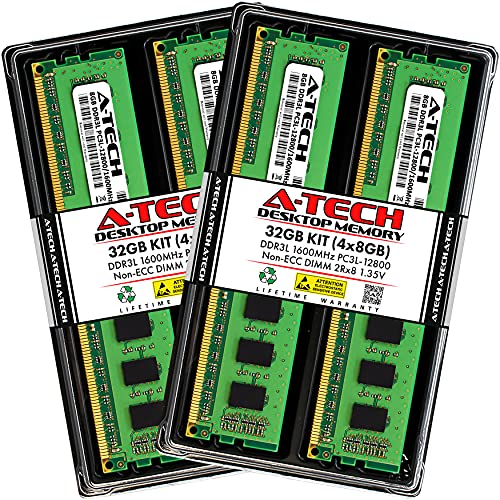 A-Tech 32GB (4x8GB) DDR3/DDR3L 1600MHz PC3L-12800 (PC3-12800) CL11 DIMM 2Rx8 1.35V 240-Pin Non-ECC UDIMM Desktop RAM Memory Modules - Image 1