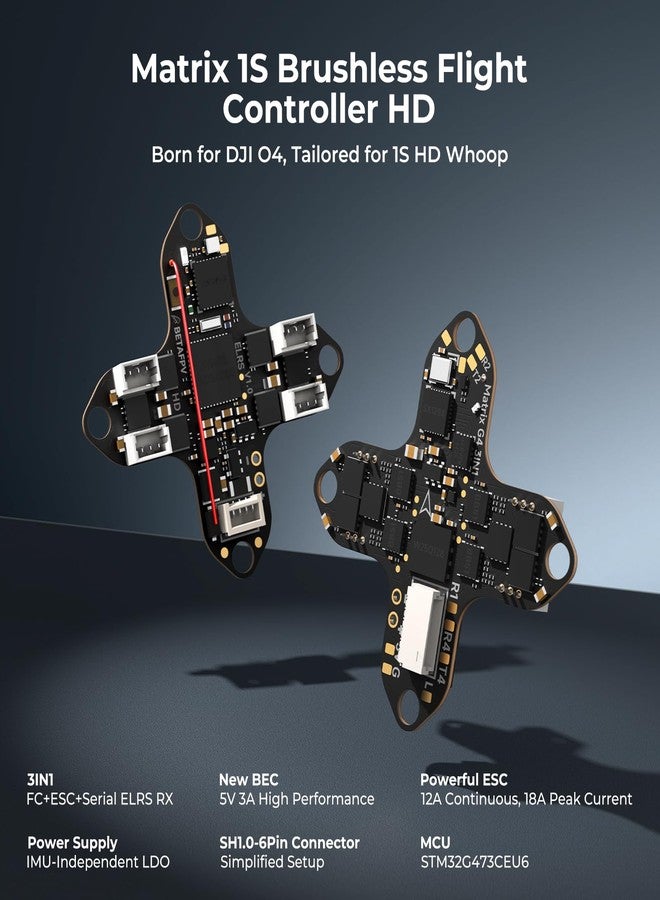 BETAFPV وحدة تحكم الطيران BETAFPV Matrix 1S G4 3IN1 HD بدون فرش، مزودة بجهاز استقبال ELRS تسلسلي مدمج مع 5V 3A BEC، 12A ESC، 16MB Blackbox، موصل SH1.0-6Pin لوحدة O4 الهوائية لتجميع 1S HD Whoops مثل Meteor65/75 Pro - Image 2