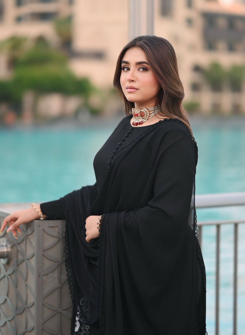 Queens Landing Fashion Elegant black pure chiffon dress with matching capri pants and a delicate dupatta  - Image 1