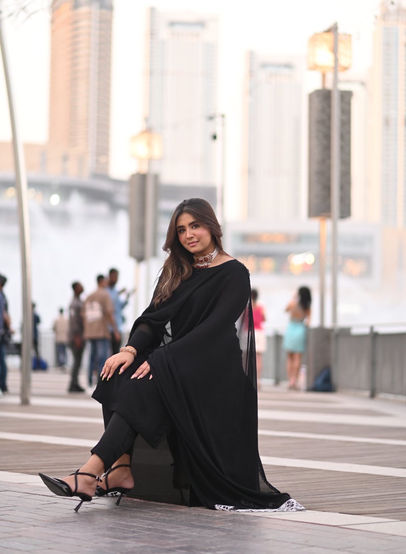 Queens Landing Fashion Elegant black pure chiffon dress with matching capri pants and a delicate dupatta  - Image 2