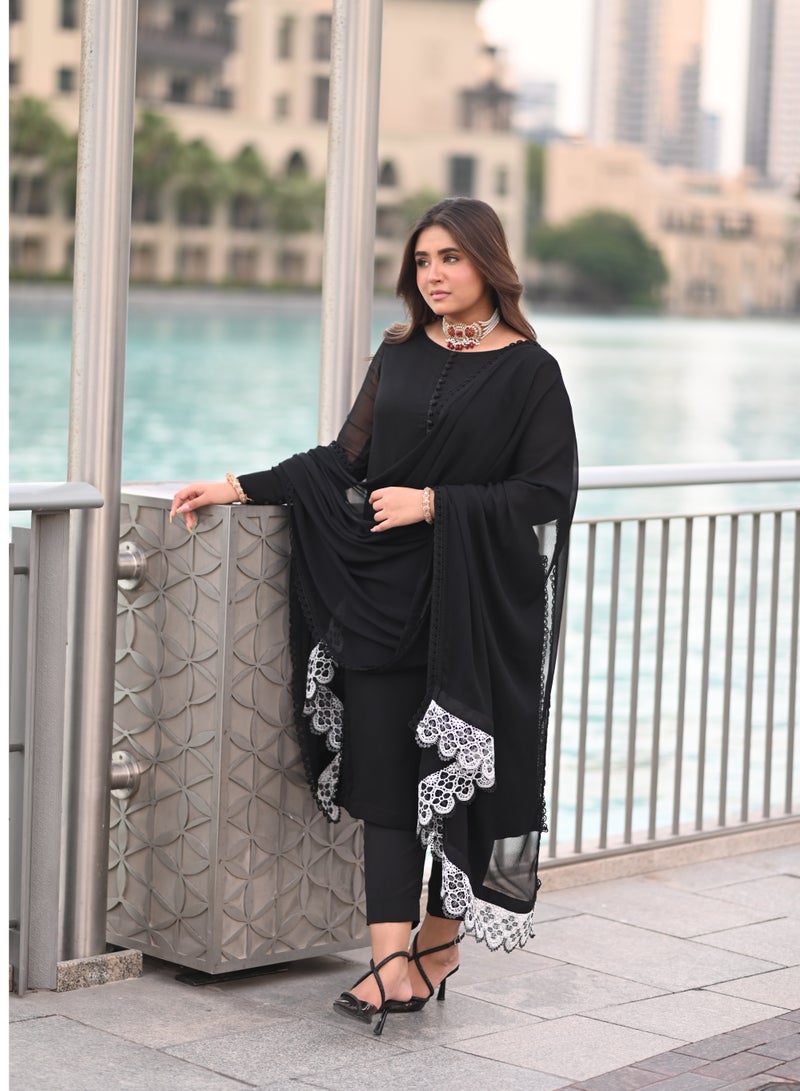 Queens Landing Fashion Elegant black pure chiffon dress with matching capri pants and a delicate dupatta  - Image 3