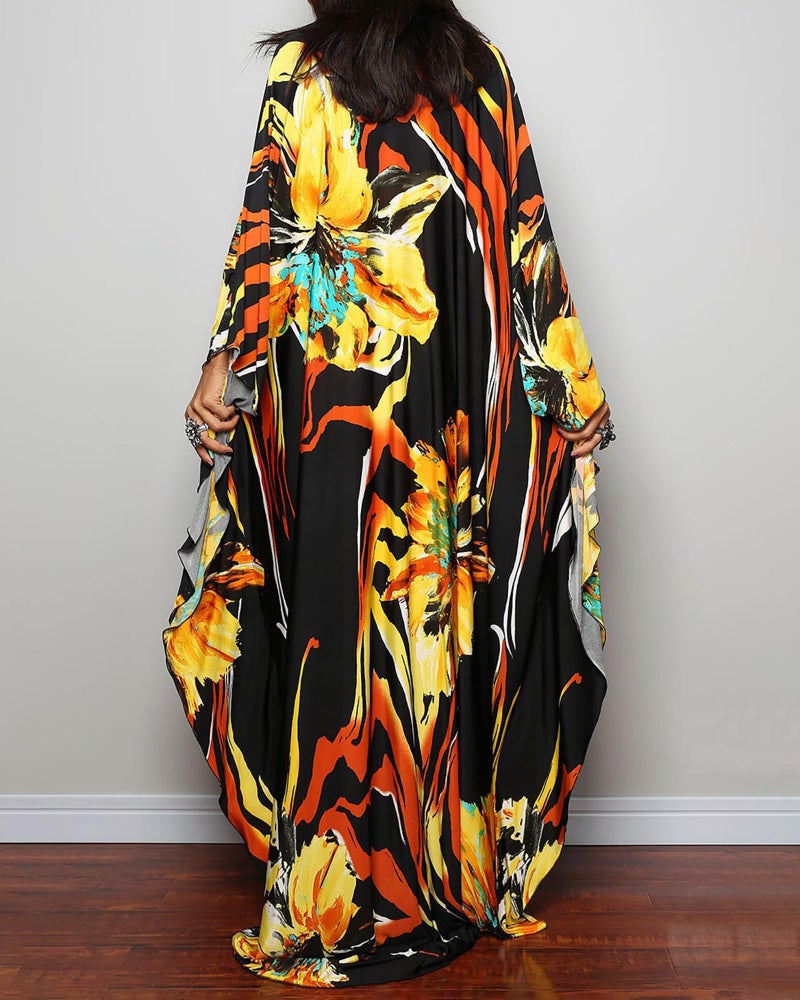 Bsubseach Women Ethnic Print Kaftan Beach Dress Plus Size Swimsuit Cover Up Yellow Floral - Image 5