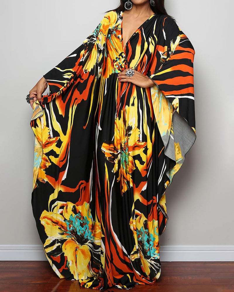 Bsubseach Women Ethnic Print Kaftan Beach Dress Plus Size Swimsuit Cover Up Yellow Floral - Image 4
