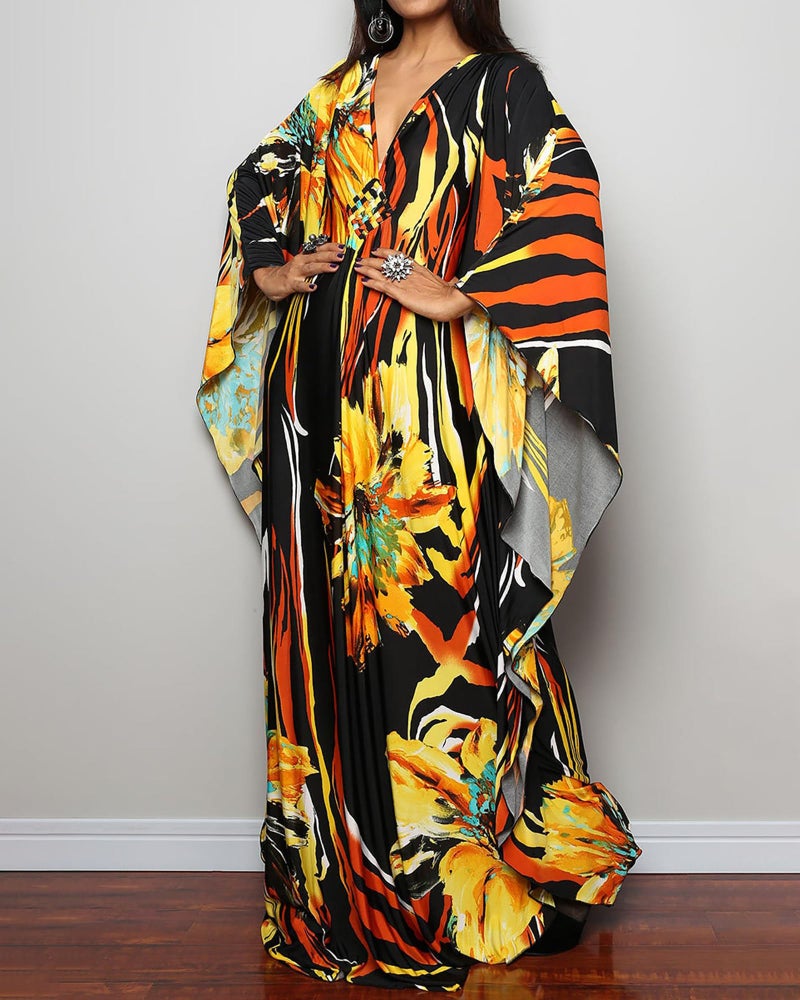 Bsubseach Women Ethnic Print Kaftan Beach Dress Plus Size Swimsuit Cover Up Yellow Floral - Image 2