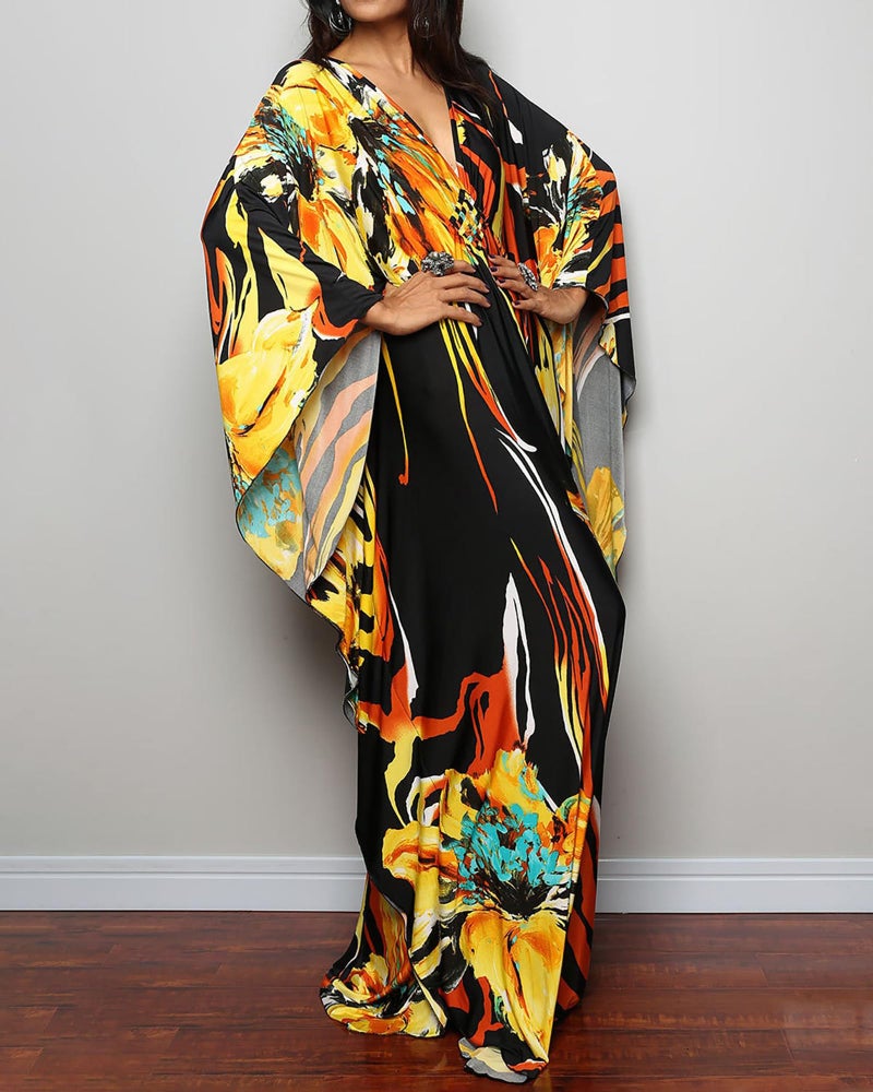 Bsubseach Women Ethnic Print Kaftan Beach Dress Plus Size Swimsuit Cover Up Yellow Floral - Image 3