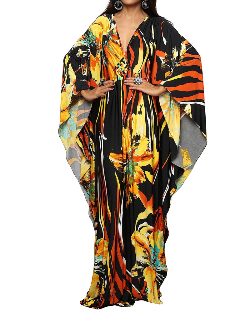 Bsubseach Women Ethnic Print Kaftan Beach Dress Plus Size Swimsuit Cover Up Yellow Floral - Image 1