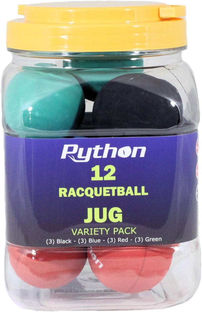 Python Variety Pack Racquetball(Jug) (12 Balls)(3-Black,3-Blue,3-Red, 3-Green)