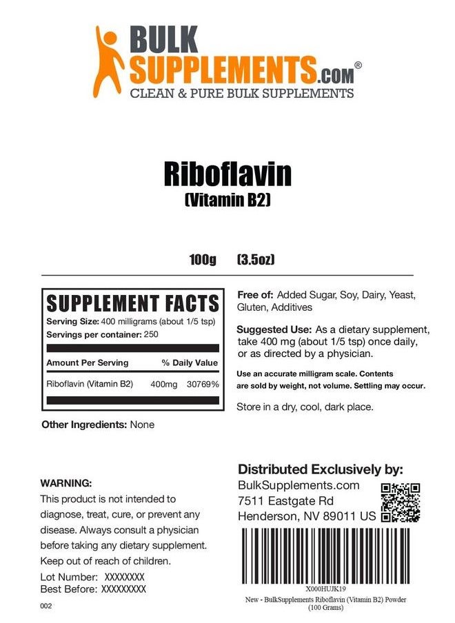 BulkSupplements - Riboflavin Powder (Vitamin B2) Vitamin B Supplement For Energy Support Unflavored Gluten Free 400Mg Per Serving (100 Grams 3.5 Oz) - Image 1
