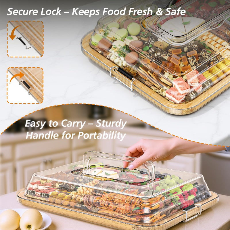 MAYELM Charcuterie Boards with Foldable Lid, Portable Bamboo Cheese Board with Single Compartments, Clear Locking Lid and Handle, Easy to Store, Suitable for Picnics, Camping, Parties - Image 3