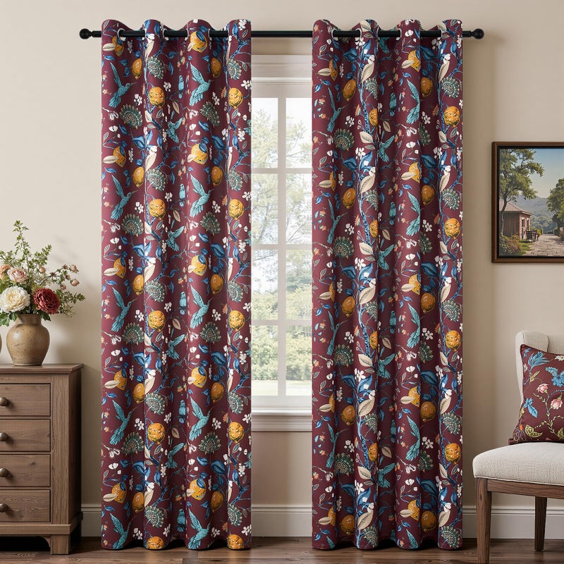 Topfinel Rust Vintage Floral Curtains 84 Inch Long Luxury Whimsical Euro Flower Lemon Hummingbird Patterned Waverly Mid Century Colorful Blackout Drapes for Living Room Bedroom - Image 3