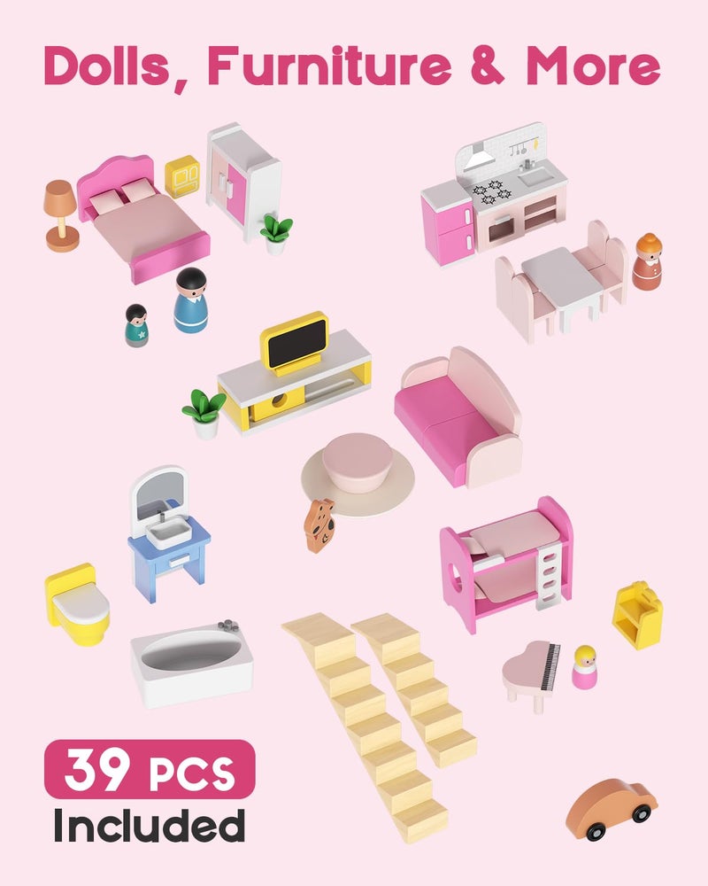 BIERUM Wooden Dollhouse for Girls, Large Pink Wooden Doll House with 39 Furniture Accessories, Elevator & Garage, 5 Rooms Modern Dollhouse for Toddlers, Pretend Play Toy Gift for Kids (Pink) - Image 3