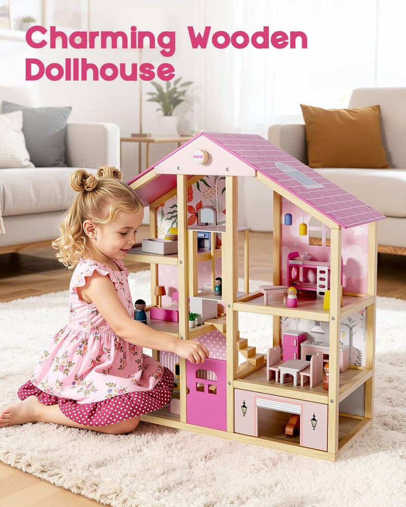 BIERUM Wooden Dollhouse for Girls, Large Pink Wooden Doll House with 39 Furniture Accessories, Elevator & Garage, 5 Rooms Modern Dollhouse for Toddlers, Pretend Play Toy Gift for Kids (Pink) - Image 4
