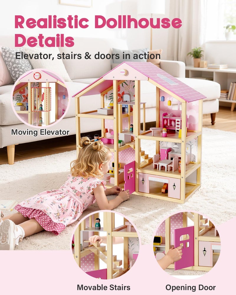 BIERUM Wooden Dollhouse for Girls, Large Pink Wooden Doll House with 39 Furniture Accessories, Elevator & Garage, 5 Rooms Modern Dollhouse for Toddlers, Pretend Play Toy Gift for Kids (Pink) - Image 2