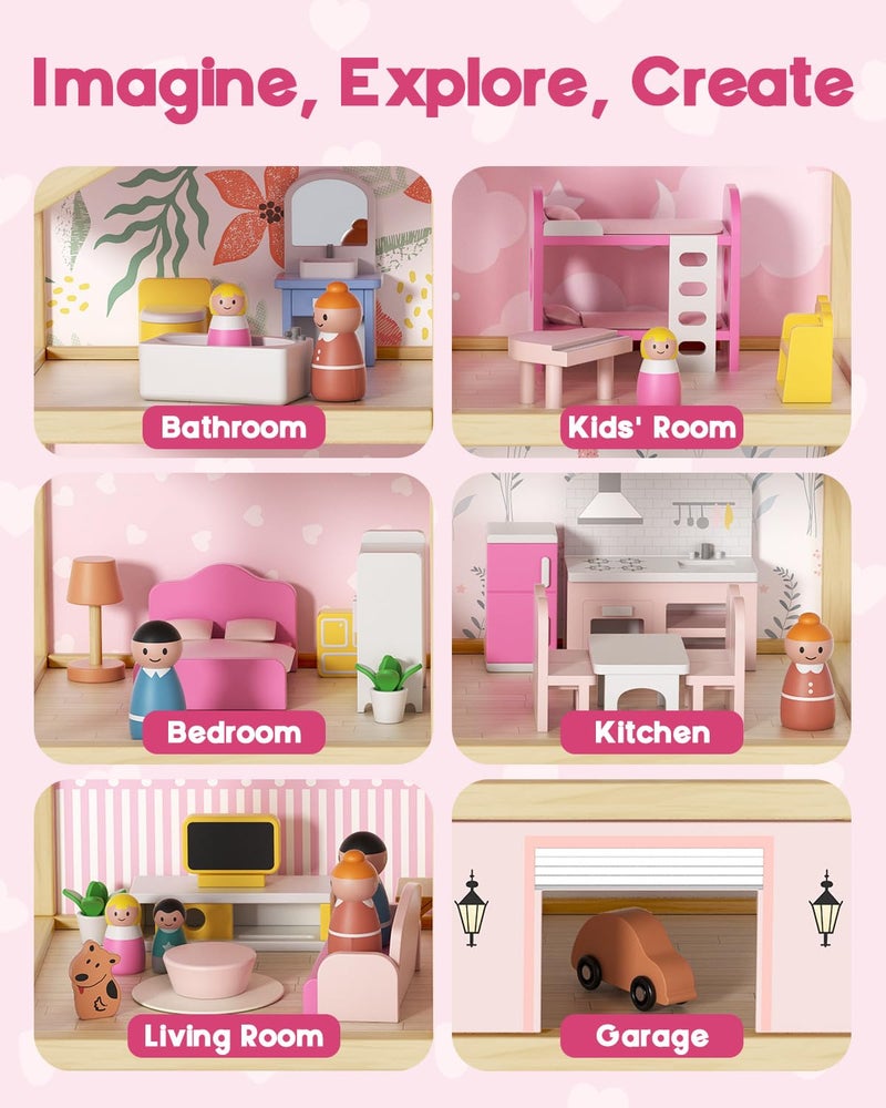 BIERUM Wooden Dollhouse for Girls, Large Pink Wooden Doll House with 39 Furniture Accessories, Elevator & Garage, 5 Rooms Modern Dollhouse for Toddlers, Pretend Play Toy Gift for Kids (Pink) - Image 5