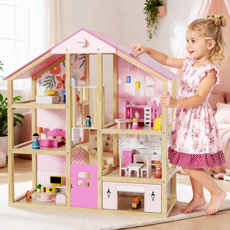 BIERUM Wooden Dollhouse for Girls, Large Pink Wooden Doll House with 39 Furniture Accessories, Elevator & Garage, 5 Rooms Modern Dollhouse for Toddlers, Pretend Play Toy Gift for Kids (Pink) - Image 1