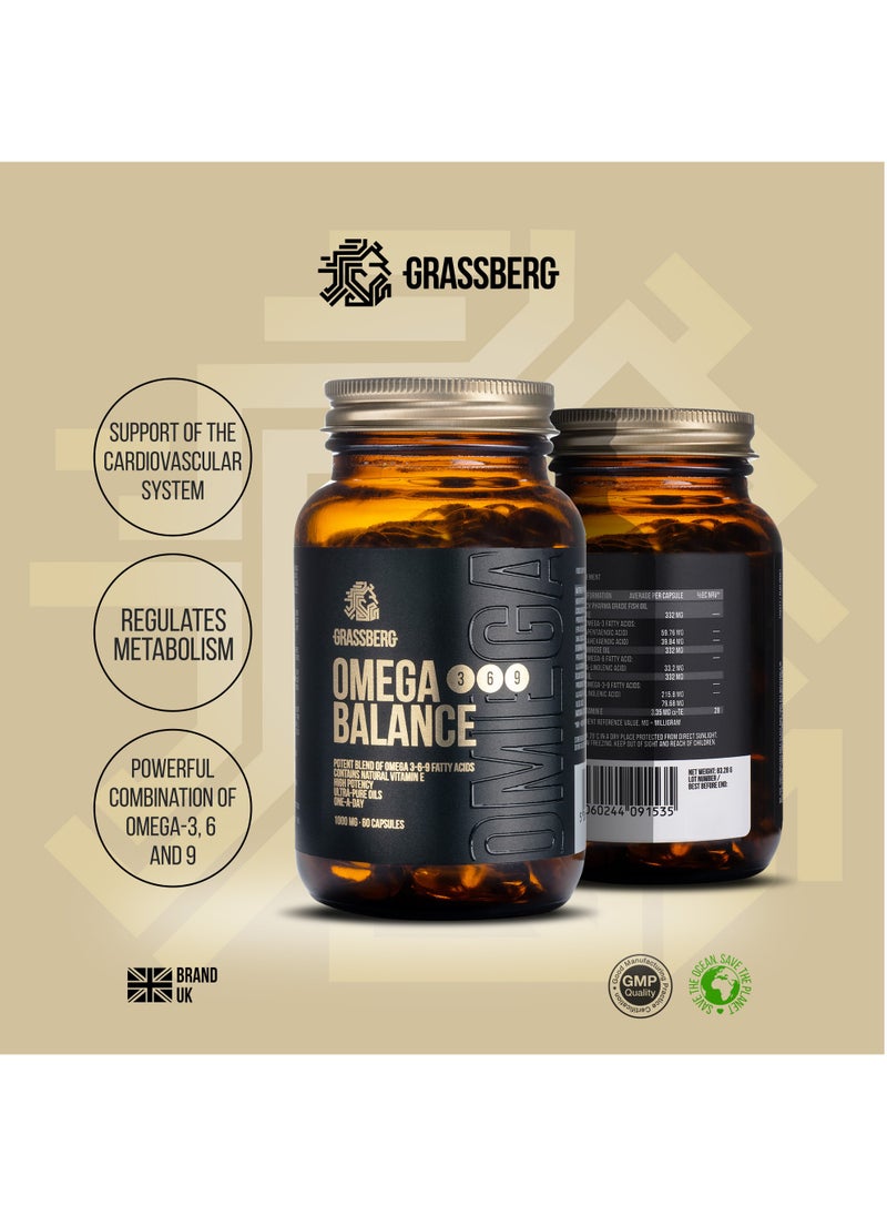 GRASSBERG - Omega 3-6-9 Balance, 1000mg with Flax Seed Oil, Evening Primrose Oil and Natural Vitamin E - 60 Softgels - Image 1