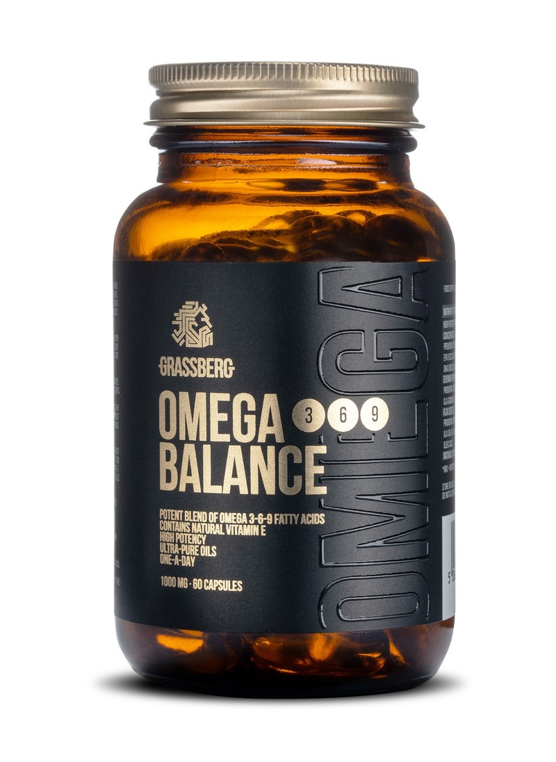 GRASSBERG - Omega 3-6-9 Balance, 1000mg with Flax Seed Oil, Evening Primrose Oil and Natural Vitamin E - 60 Softgels - Image 1