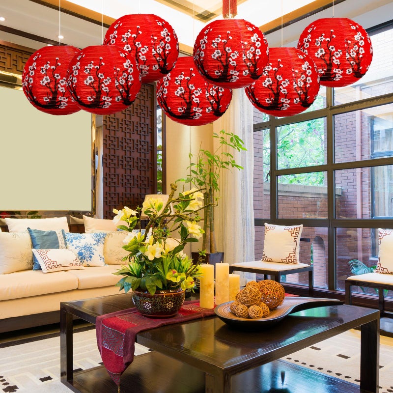 Bencailor 13 Pcs 12 Inches Large Chinese Japanese Paper Lantern Hibachi Party Decorations Red Cherry Blossom Decorative Hanging Lantern for Chinese New Year Home Restaurant Wedding Decor(Red) - Image 4