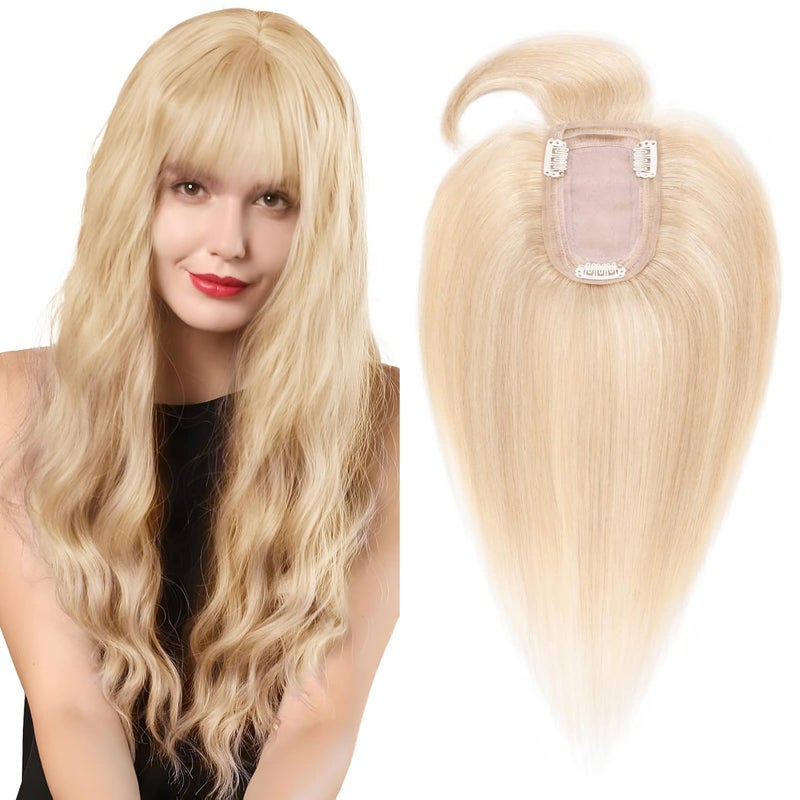 SEGO Hair Toppers for Women Clip in Real Human Hair Toppers Straight with Bangs 150 Density Silk Base 8 Inch 18613 Ash Blonde Mix Bleach Blonde