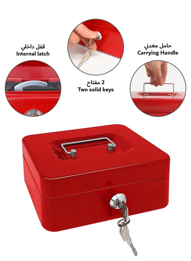 Steel Cash Box with Key Lock Metal Small Money Organizer with Money Tray Cash Storage Box with Lockable Cover - Image 3