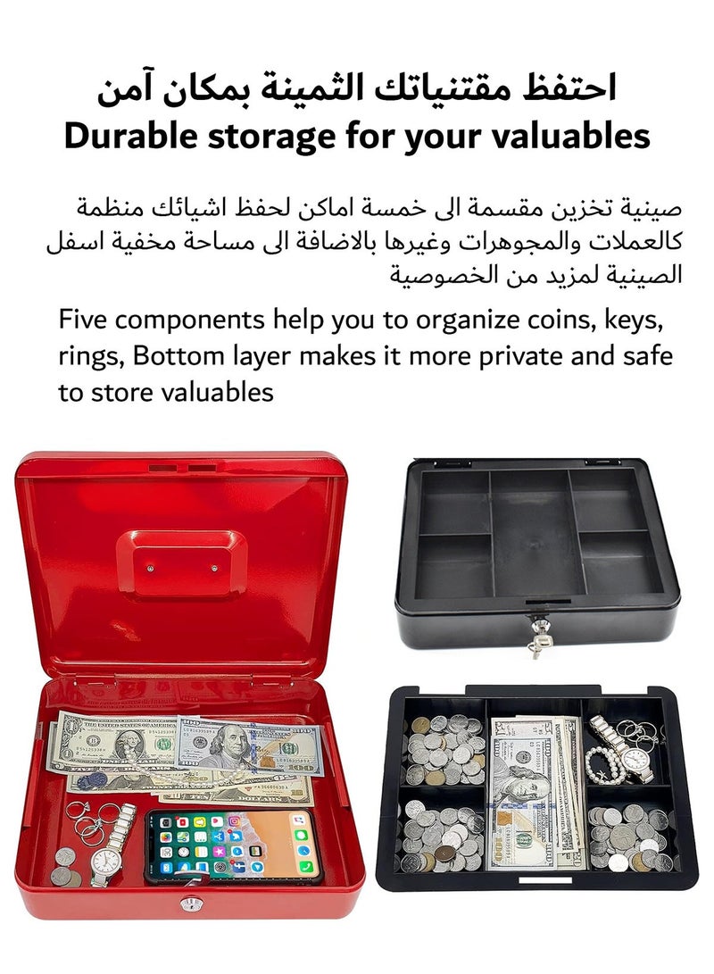 Steel Cash Box with Key Lock Metal Small Money Organizer with Money Tray Cash Storage Box with Lockable Cover - Image 4