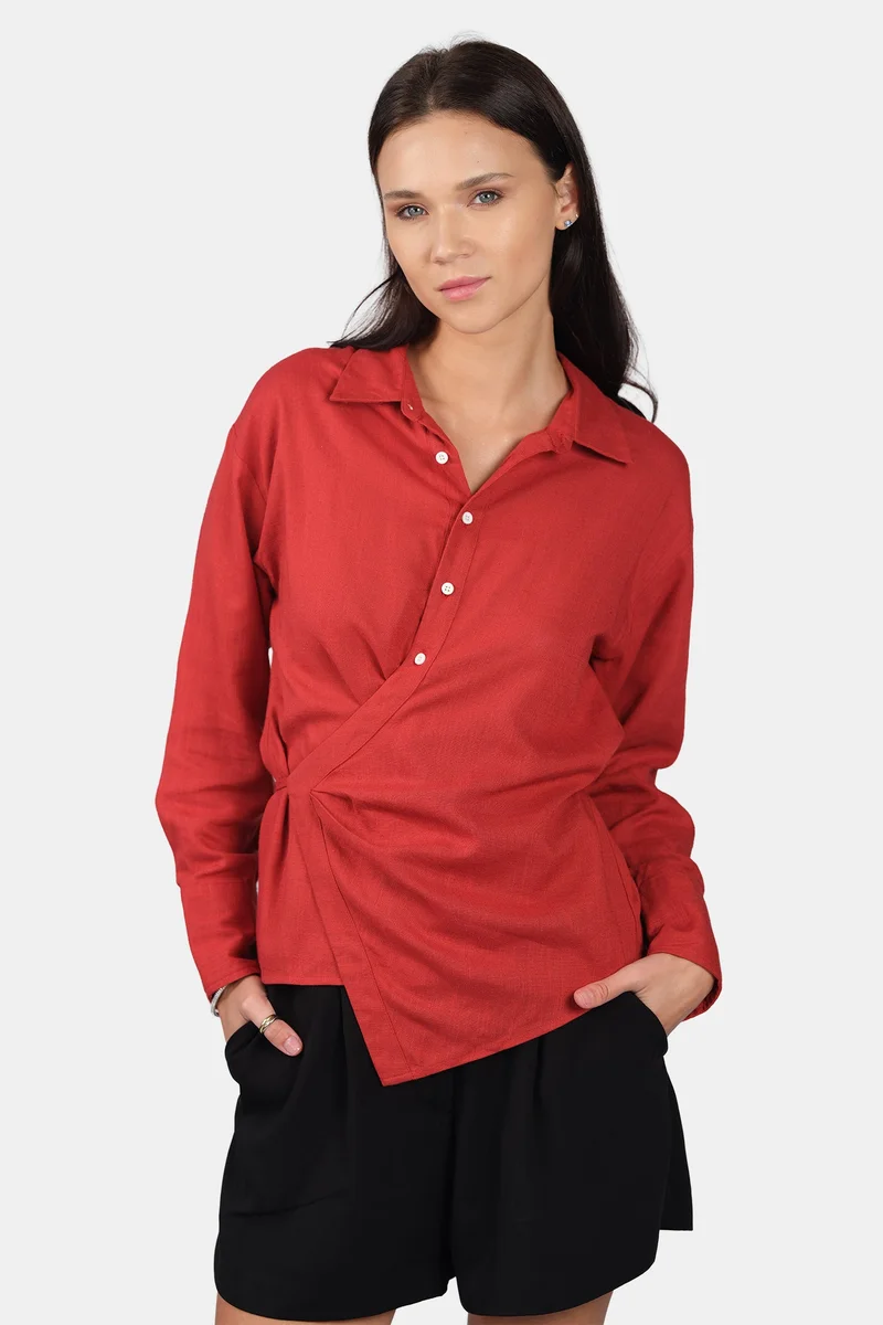 Virgio Solid Linen Shirt With Asymmetric Closure for Women