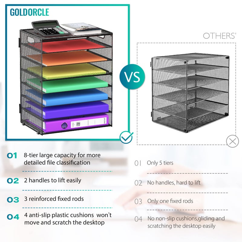 GoldOrcle 8 Tier Paper Letter Tray Organizer with Handles, Mesh Desk File Holder Storage Organization for Home School Classroom & Office (Black) - Image 3