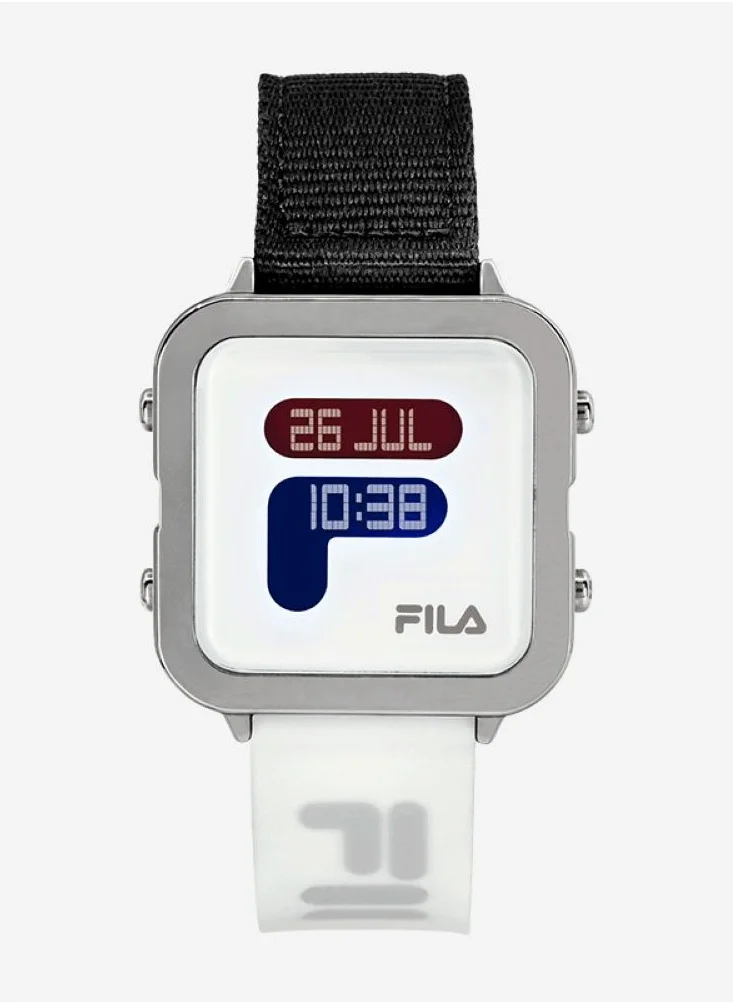 FILA Fila Style Unisex Digital with World Time of 25 Cities Watch Alloy Case Black Nylon & White Silicone Strap, 38-6088-101, size 38mm