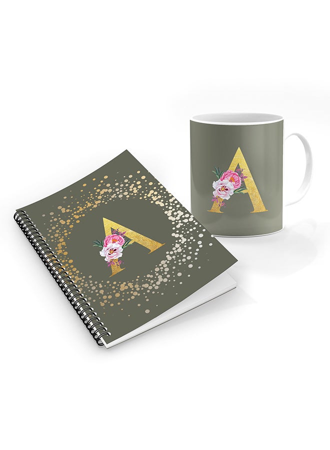 Stylizedd Printed Coffee Mug + A5 Spiral Notebook Memo Personalised Combo Gift Set Custom Monogram Initial Letter Floral Pattern Alphabet - A  (Olive Green )