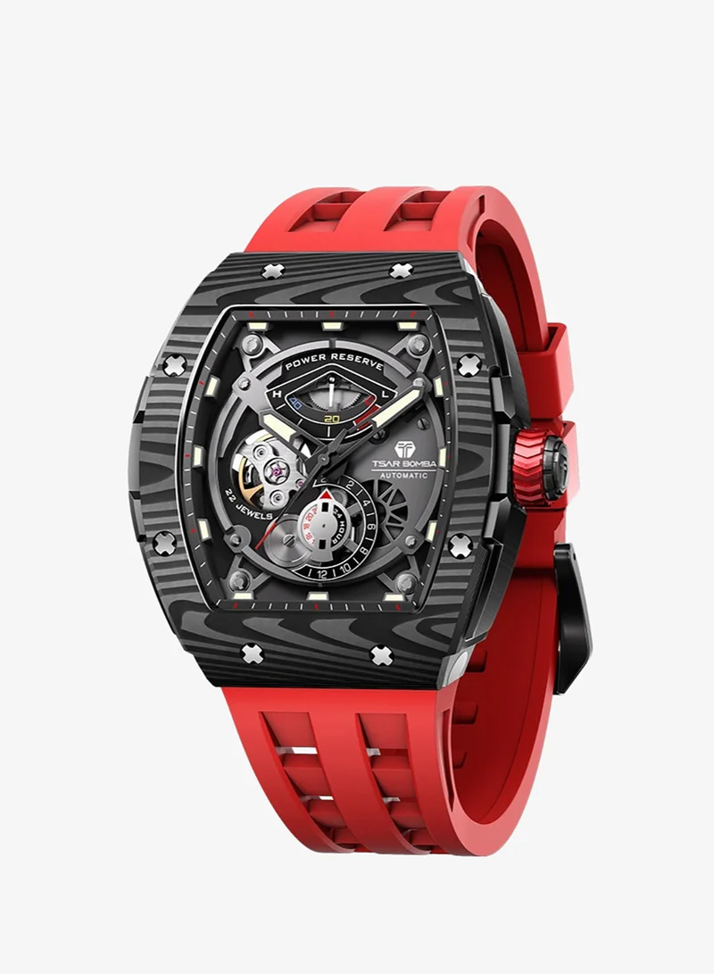 Tsar Bomba TSAR BOMBA Men's Automatic Watch Luxury Skeleton Watches for Men Mechanical 50M Waterproof Analogue Tonneau Watches Mens Unique Cool Square Big Face Dial Wristwatch Gift for Men TB8210CF