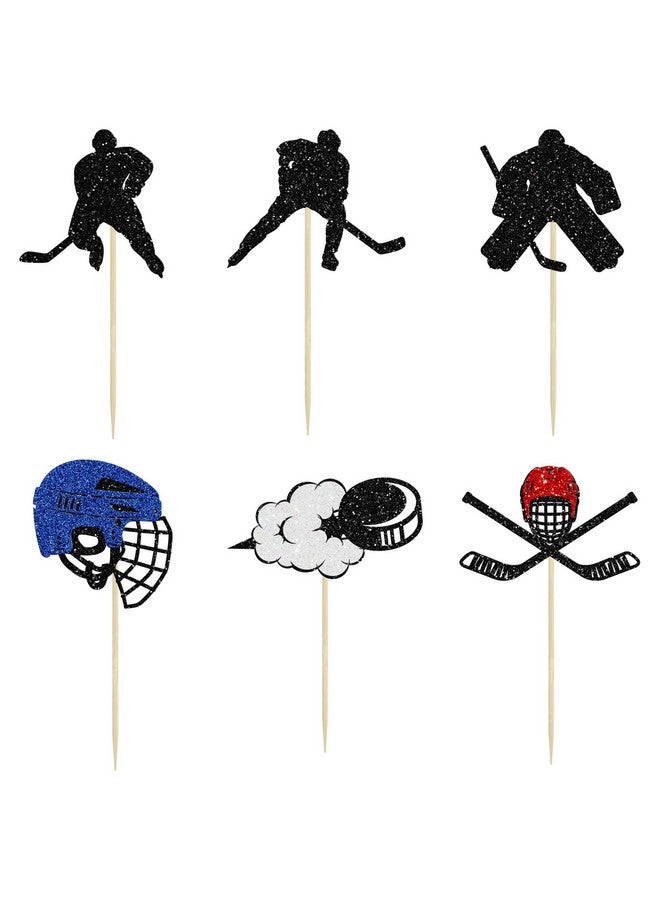 Ephlyn 24Pcs Hockey Cupcake Toppers Black Glitter Hockey Players Cake Toppers Ice Hockey Cake Decorations for Sports Theme Baby Shower Kids Boys Girls Birthday Party Supplies - Image 3