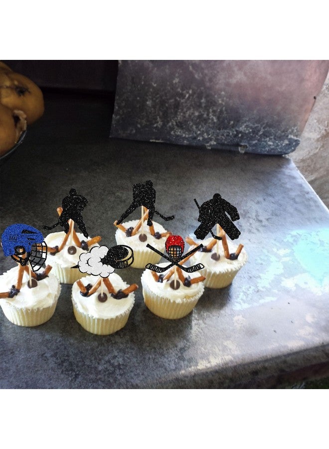 Ephlyn 24Pcs Hockey Cupcake Toppers Black Glitter Hockey Players Cake Toppers Ice Hockey Cake Decorations for Sports Theme Baby Shower Kids Boys Girls Birthday Party Supplies - Image 4