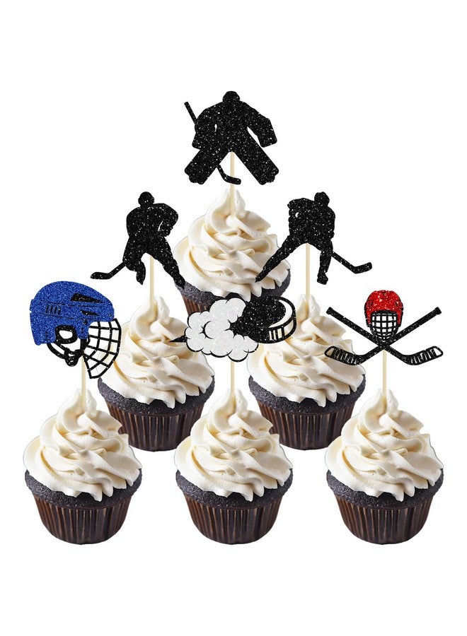 Ephlyn 24Pcs Hockey Cupcake Toppers Black Glitter Hockey Players Cake Toppers Ice Hockey Cake Decorations for Sports Theme Baby Shower Kids Boys Girls Birthday Party Supplies - Image 1