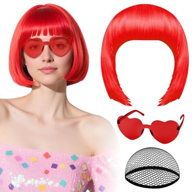 PLULON Hot Pink-Color Bob Wig with Heart Sunglasses Neon Colored Party Wig - Image 2