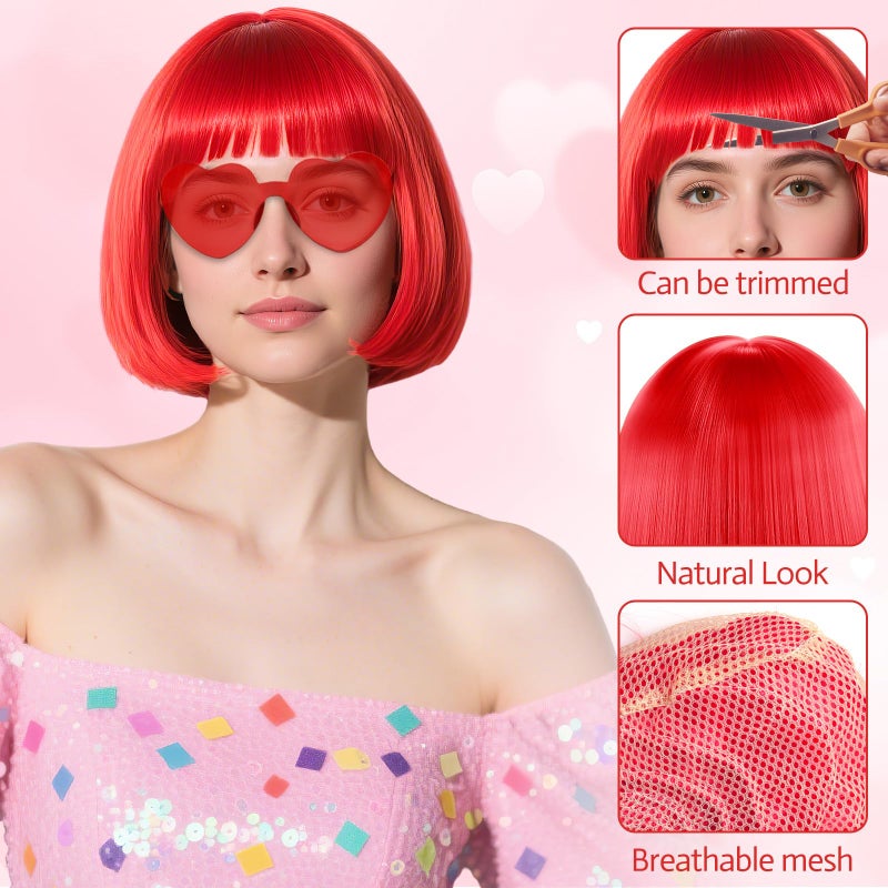 PLULON Hot Pink-Color Bob Wig with Heart Sunglasses Neon Colored Party Wig - Image 4