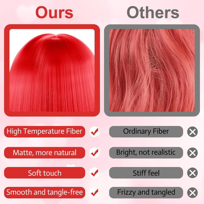 PLULON Hot Pink-Color Bob Wig with Heart Sunglasses Neon Colored Party Wig - Image 5