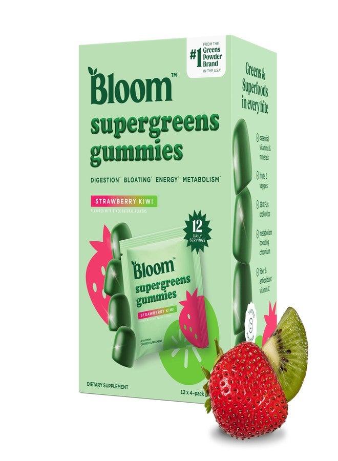 Bloom Nutrition Bloom Super Greens Gummies, Daily Greens Superfood Fiber Gummies with Fruits, Vegetables, Vitamins & Minerals for Digestive & Gut Health, Bloating Support, Strawberry Kiwi, 12 Servings (48 Total) - Image 1