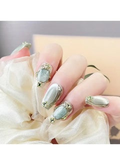 Rozino 10pcs Elegant Green Pearlescent Square Press-On Nails with Golden Accents and Polka Dot Pattern - Medium Length, Reusable & Removable Nail Set for Everyday, Work, Dates, and Parties, Includes Jelly Glue & Nail File -M  - Image 4