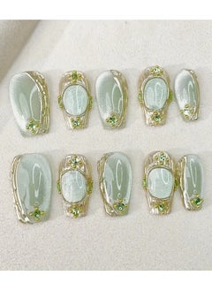 Rozino 10pcs Elegant Green Pearlescent Square Press-On Nails with Golden Accents and Polka Dot Pattern - Medium Length, Reusable & Removable Nail Set for Everyday, Work, Dates, and Parties, Includes Jelly Glue & Nail File -M  - Image 1